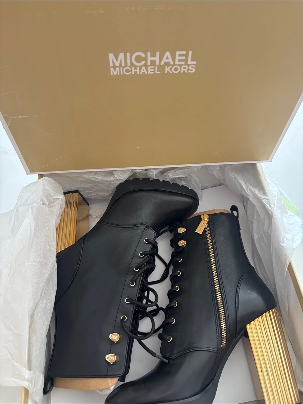 Michael Kors Black Leather Porter Lace-Up Ankle Boots with Gold Heel